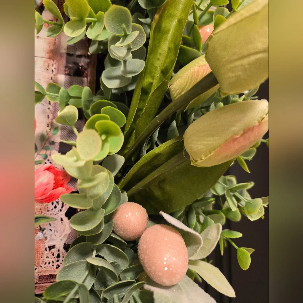 Easter Bunny Cow Eucalyptus And Boxwood Floral Door Wreath with Ribbon
